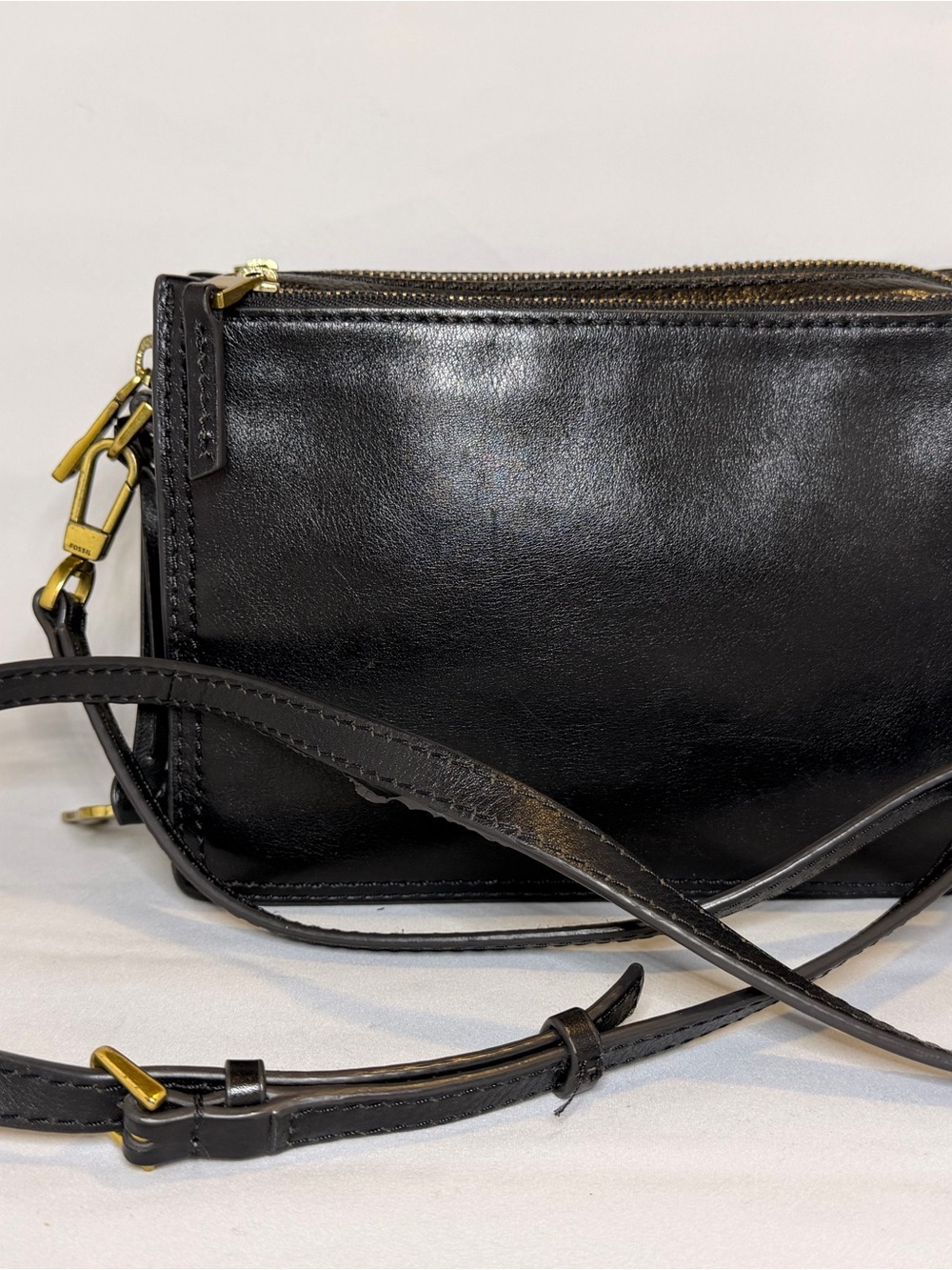 Fossil Black Leather Crossbody Bag with Gold Hardware